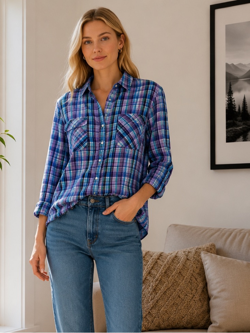 Joie Cotton Plaid Button Down Shirt purple blue green xxs